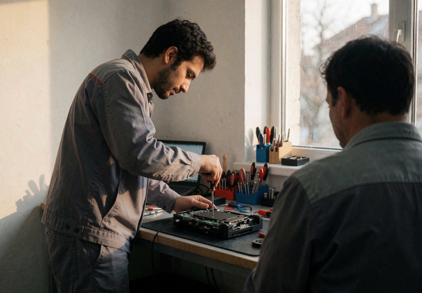 Technician in uniform fixing an open laptop in a workshop while a customer observes the hardware repair service.