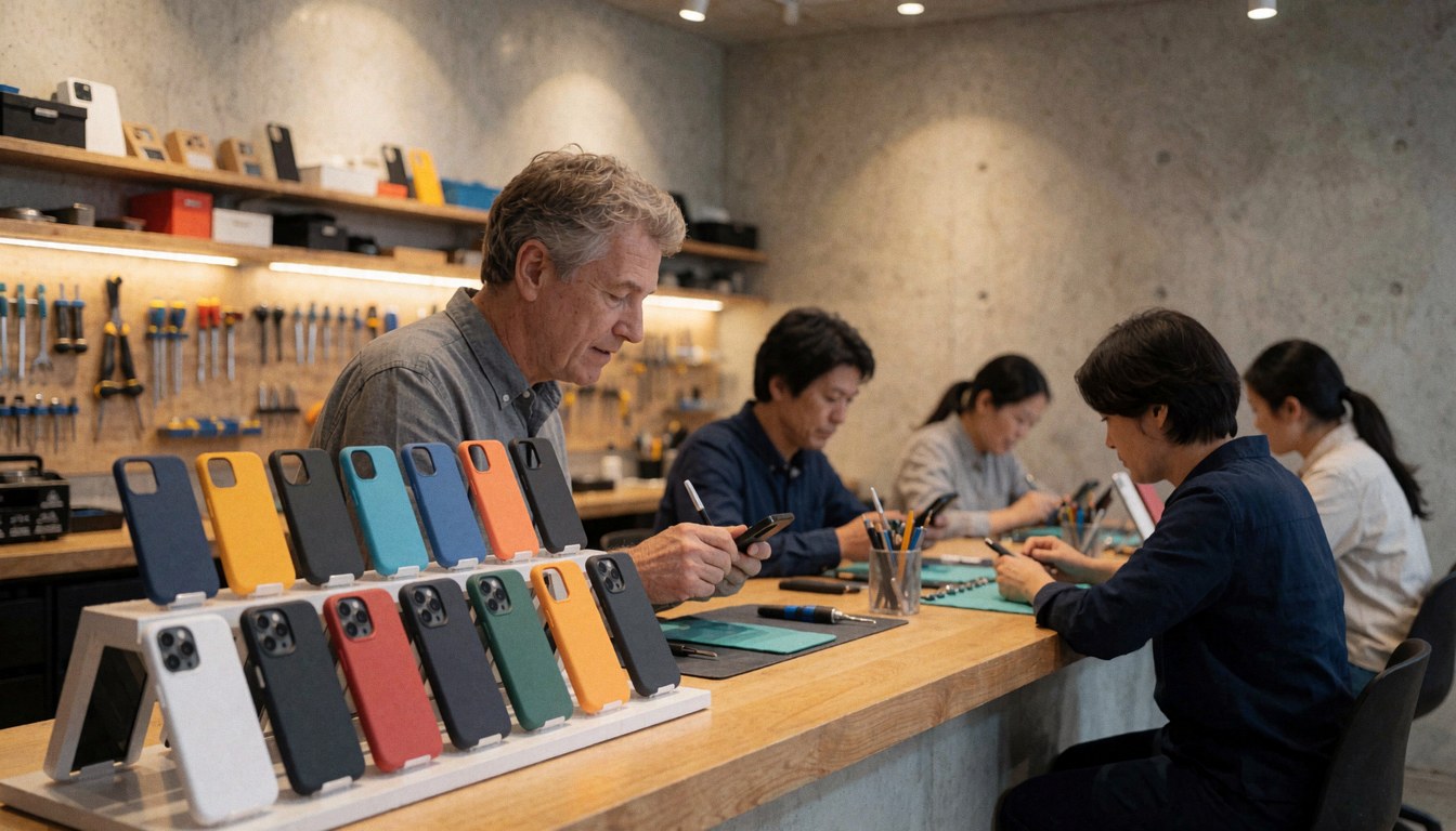 Colorful phone cases on display shelves with tools and wooden worktables in a mobile repair workshop.