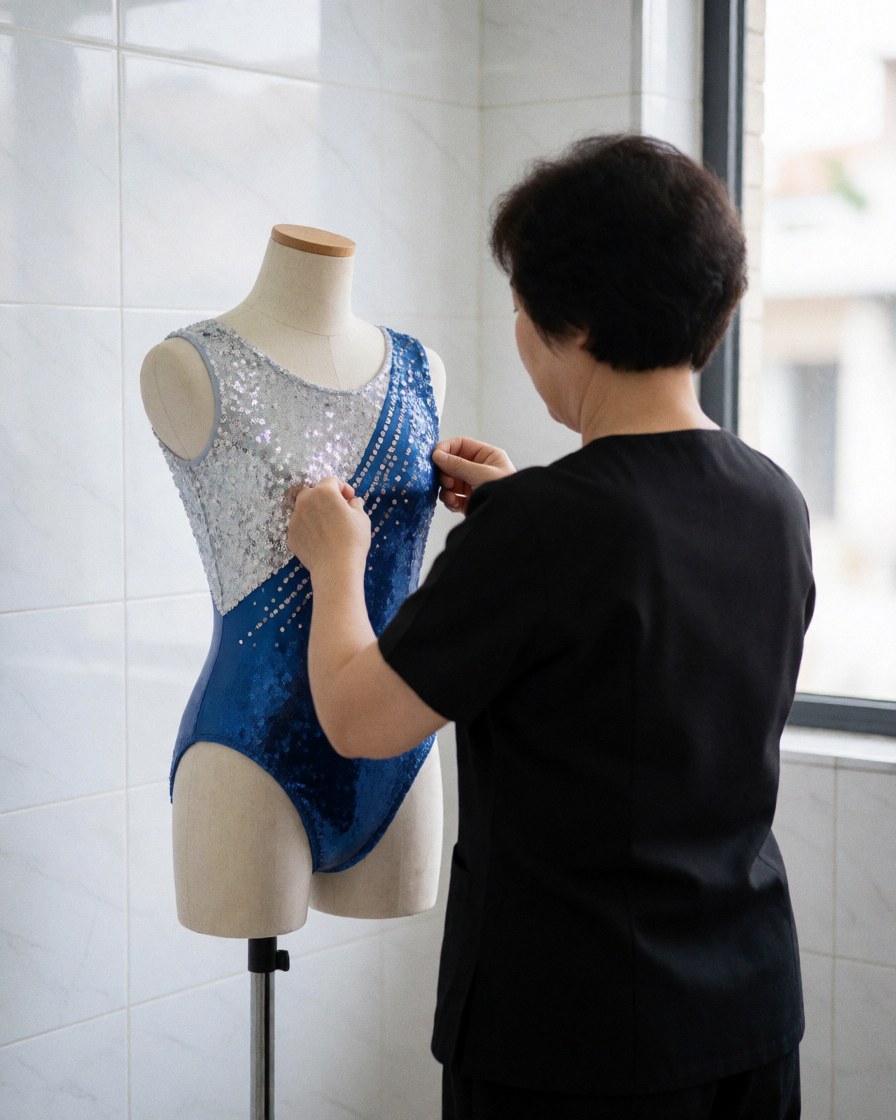 A gymnastics coach carefully adjusts a blue sequined leotard on a mannequin in a studio with white tiled walls.