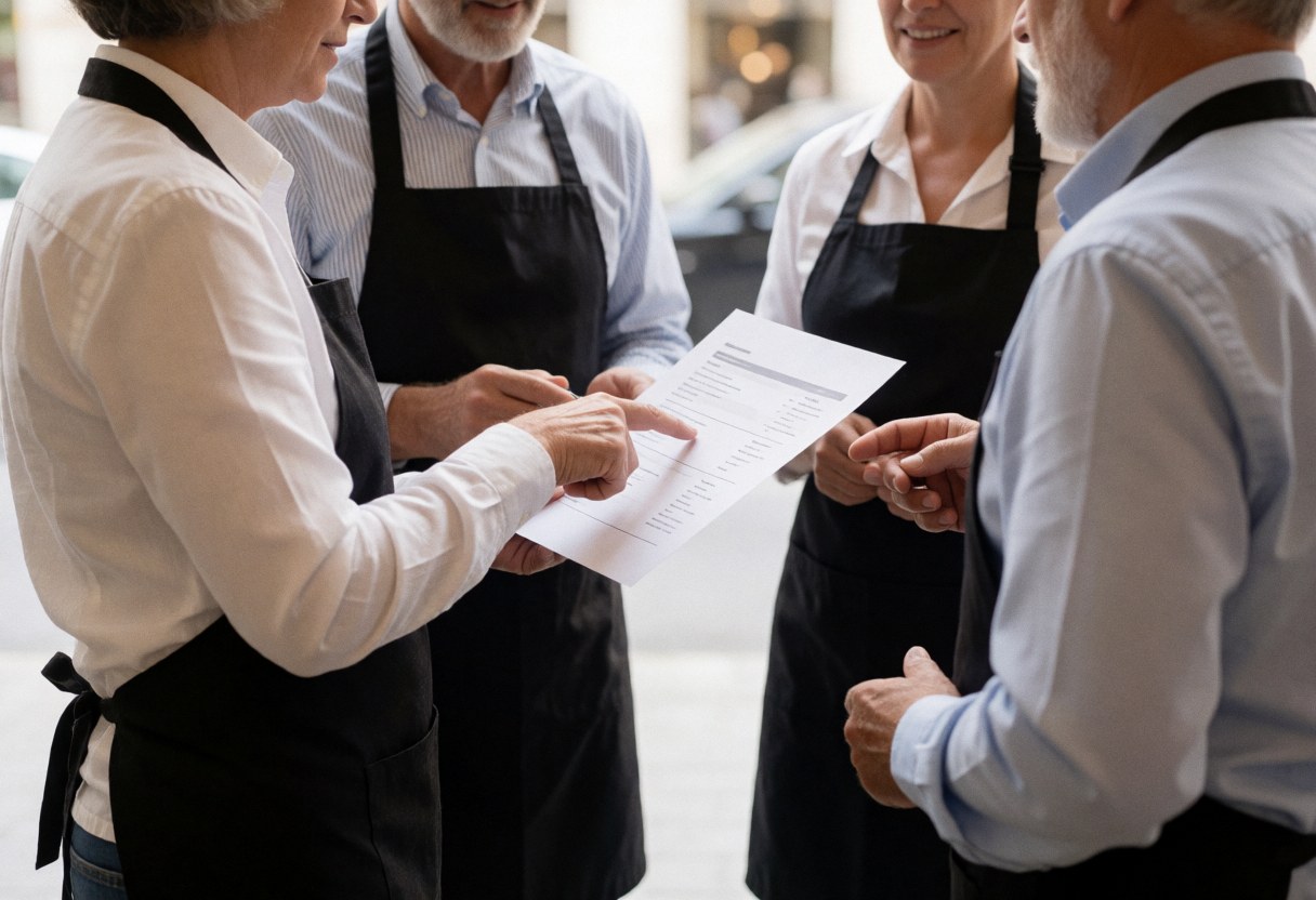 Four staff members in aprons review a document at a cafe counter while one person points to an item.