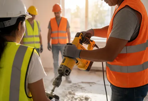 Construction worker in orange vest and white helmet using a yellow electric hammer for demolition with other workers in the background