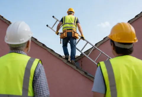 Construction worker on a sloped roof using a metal ladder next to a pink wall, with two onlookers wearing helmets and safety vests nearby.