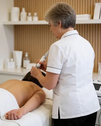 Professional esthetician applying microdermabrasion to a client in a spa salon with wooden walls and skincare products on shelves.