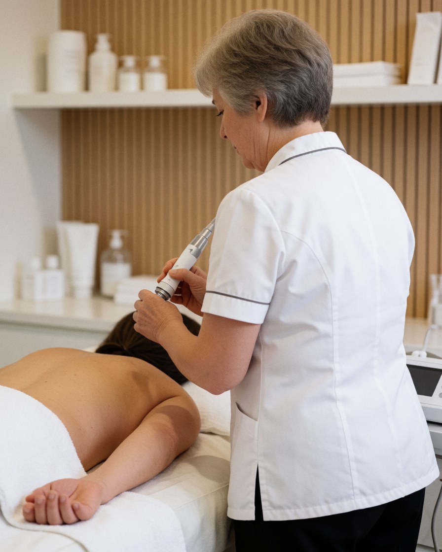 Professional esthetician applying microdermabrasion to a client in a spa salon with wooden walls and skincare products on shelves.