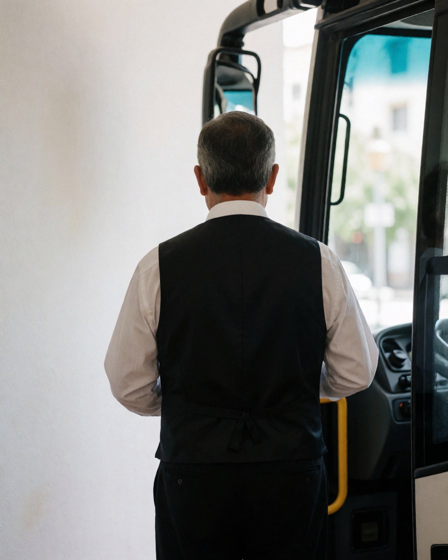 Back view of a tour bus driver in uniform standing next to the open door of the vehicle near a white wall at a hotel.