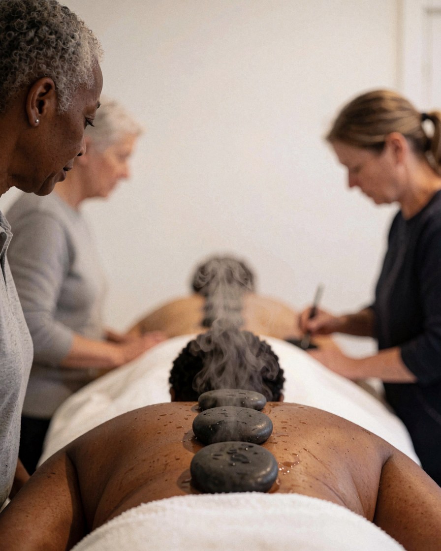 A client lies on a table while a therapist performs a Thai massage using hot basalt stones and therapeutic steam in a bright spa room.