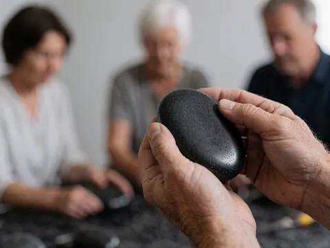 Close-up of hands holding a polished black stone for Thai massage therapy against a blurred gray background.