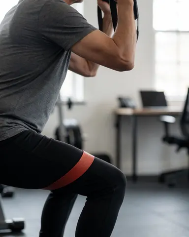 Individual doing a squat with a resistance band in a gym setting to demonstrate functional training movements.
