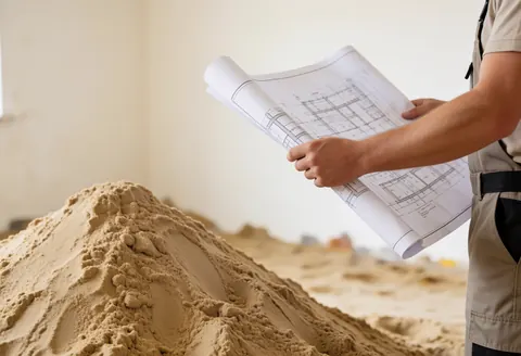 Construction worker in uniform checks architectural plans beside a sand pile on a job site with warm white walls.