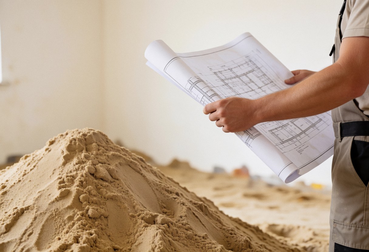 Construction worker in uniform checks architectural plans beside a sand pile on a job site with warm white walls.
