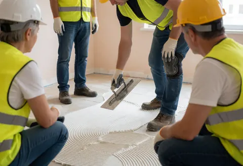 Construction workers wearing helmets and vests apply adhesive to a floor using trowels in an interior setting with beige walls.