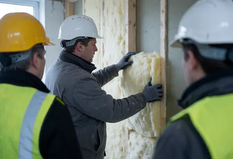 A construction worker wearing a white helmet and gloves installs yellow insulation material between wooden wall studs during an active building project.