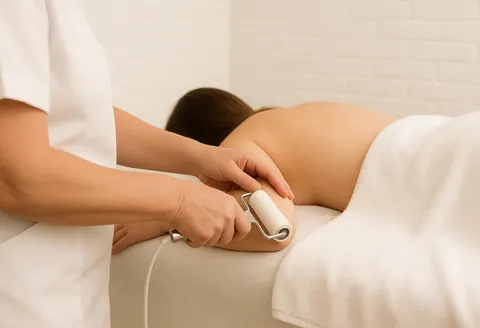A professional applies a treatment with a roller to a client's arm while lying on a table.