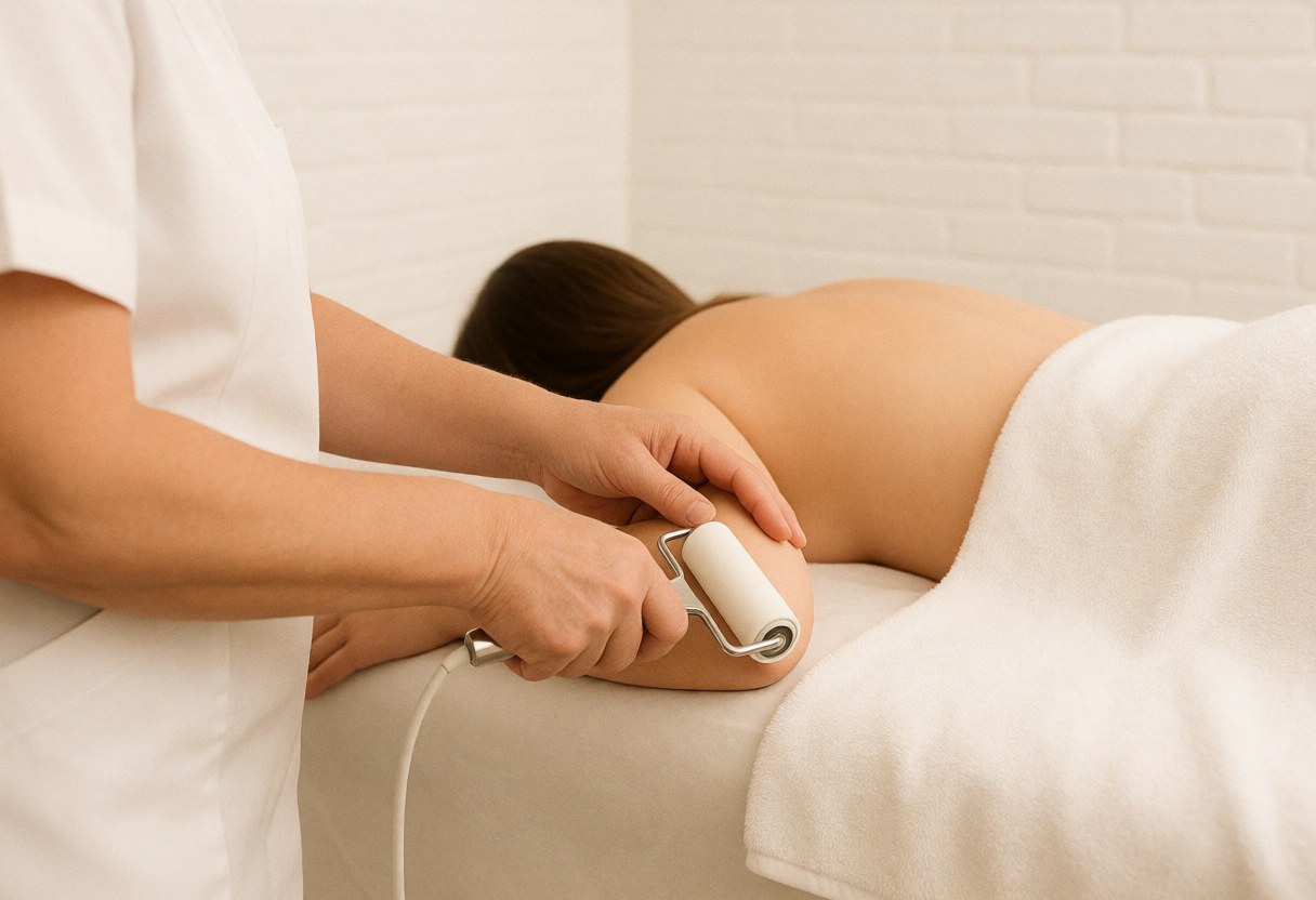 A professional applies a treatment with a roller to a client's arm while lying on a table.