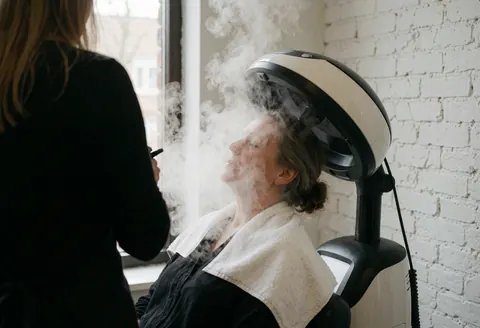 A client relaxes while a professional uses a facial steamer during a skincare service in a modern beauty salon with white brick walls.