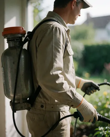 Gardener wearing protective gloves and uniform applying product in outdoor garden using backpack sprayer