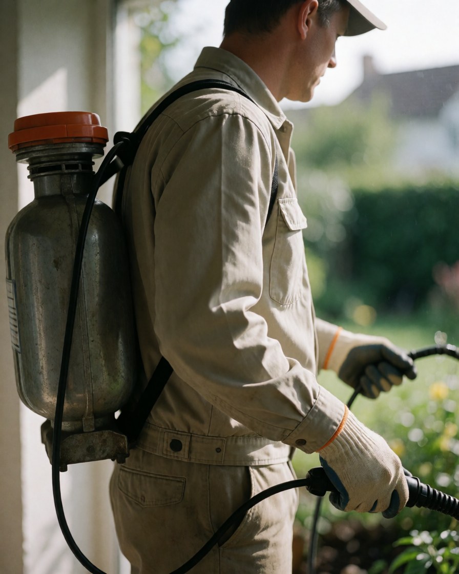 Gardener wearing protective gloves and uniform applying product in outdoor garden using backpack sprayer