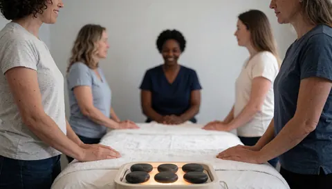 A group of women relaxing during a hot stone therapy session in a tranquil spa setting with natural light.