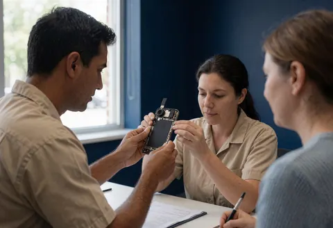 Two technicians working on a mobile phone repair at a table with a blue wall while a client observes the technical service.