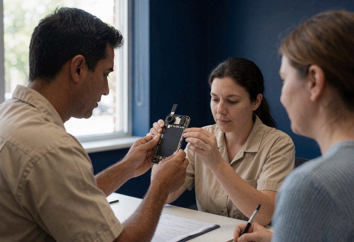 Two technicians working on a mobile phone repair at a table with a blue wall while a client observes the technical service.