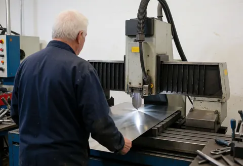 A worker operates a steel cutting machine in a metal factory, with stainless steel plates and tools visible around the industrial workspace.