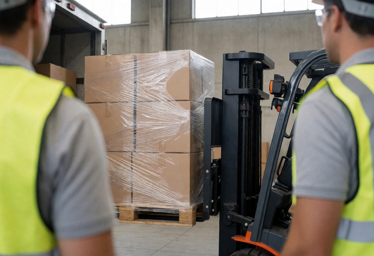 Worker using a crane to load cardboard boxes onto pallets in a logistics facility.