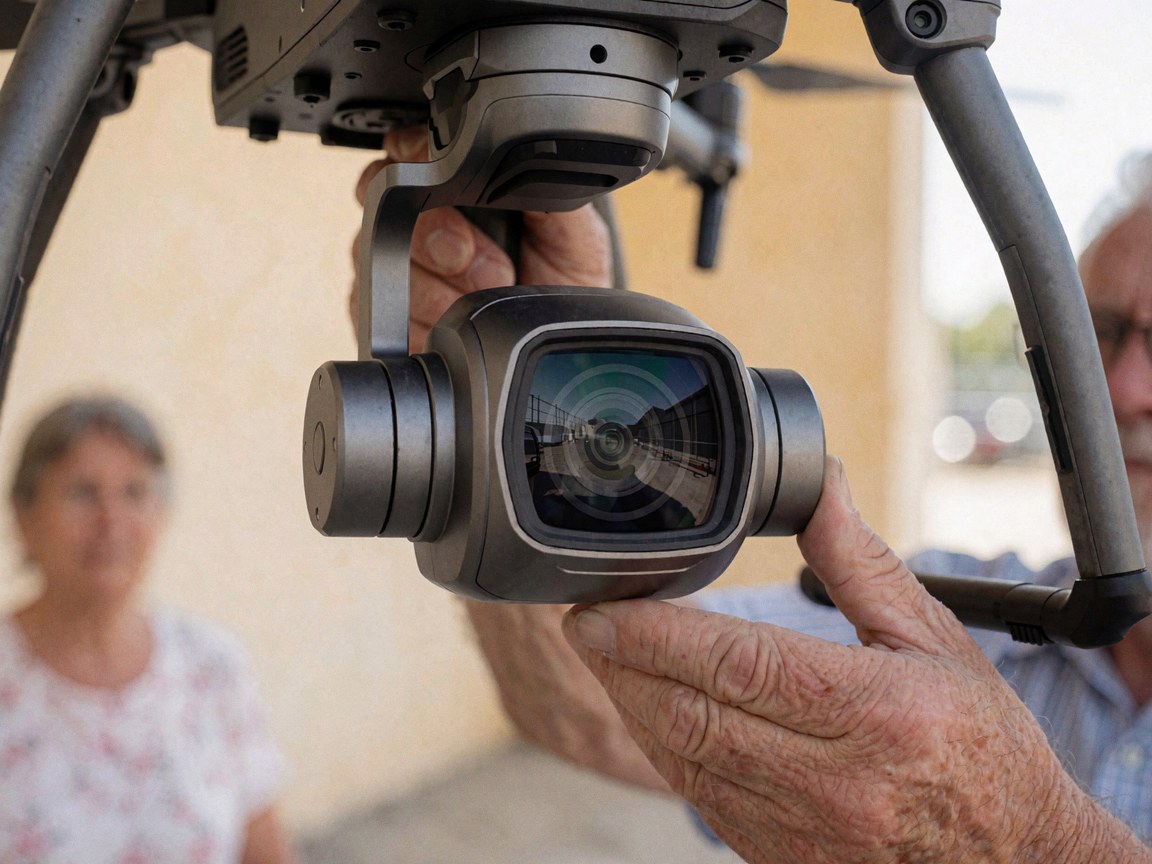 Close-up of a handheld drone camera featuring a gimbal stabilizer, reflecting an industrial courtyard on its lens against a beige wall.