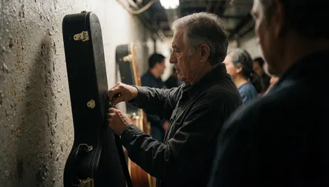 A musician adjusts a guitar strap in a textured hallway with ceiling lights before a concert performance.