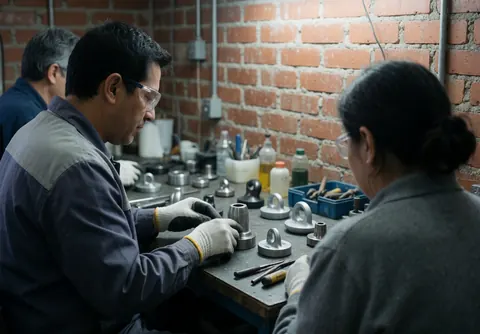 Two workers wearing safety glasses and gloves inspect metal parts in a workshop with a brick wall, demonstrating manufacturing services.