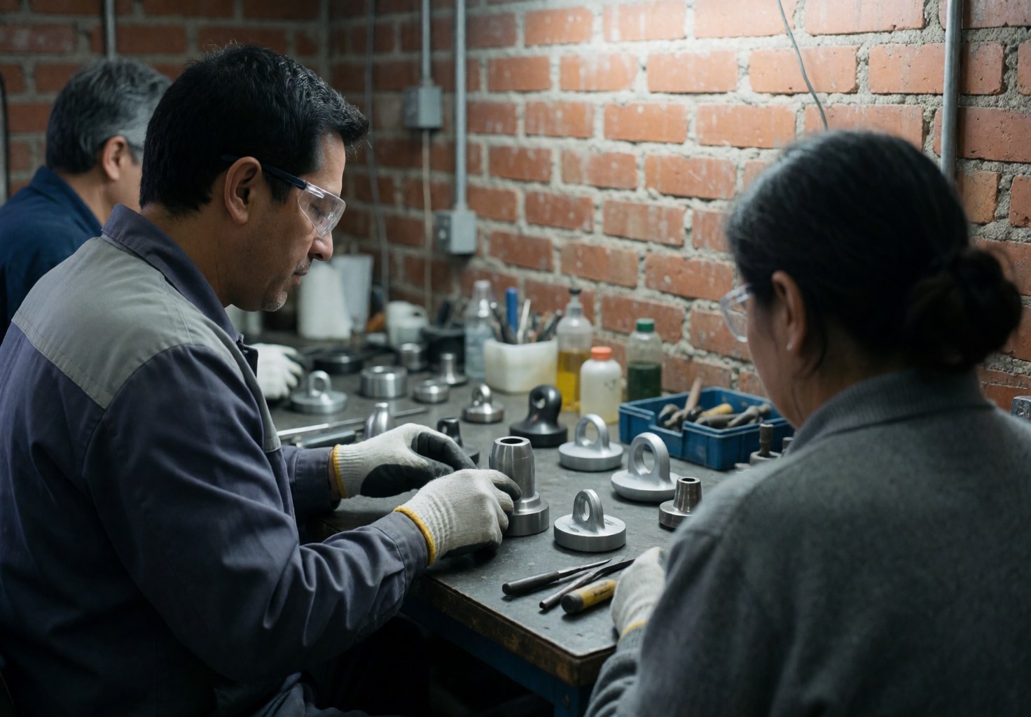 Two workers wearing safety glasses and gloves inspect metal parts in a workshop with a brick wall, demonstrating manufacturing services.