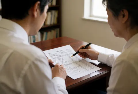 Advisor in white shirt explains tax details to a seated client at a polished wooden table in a professional office setting