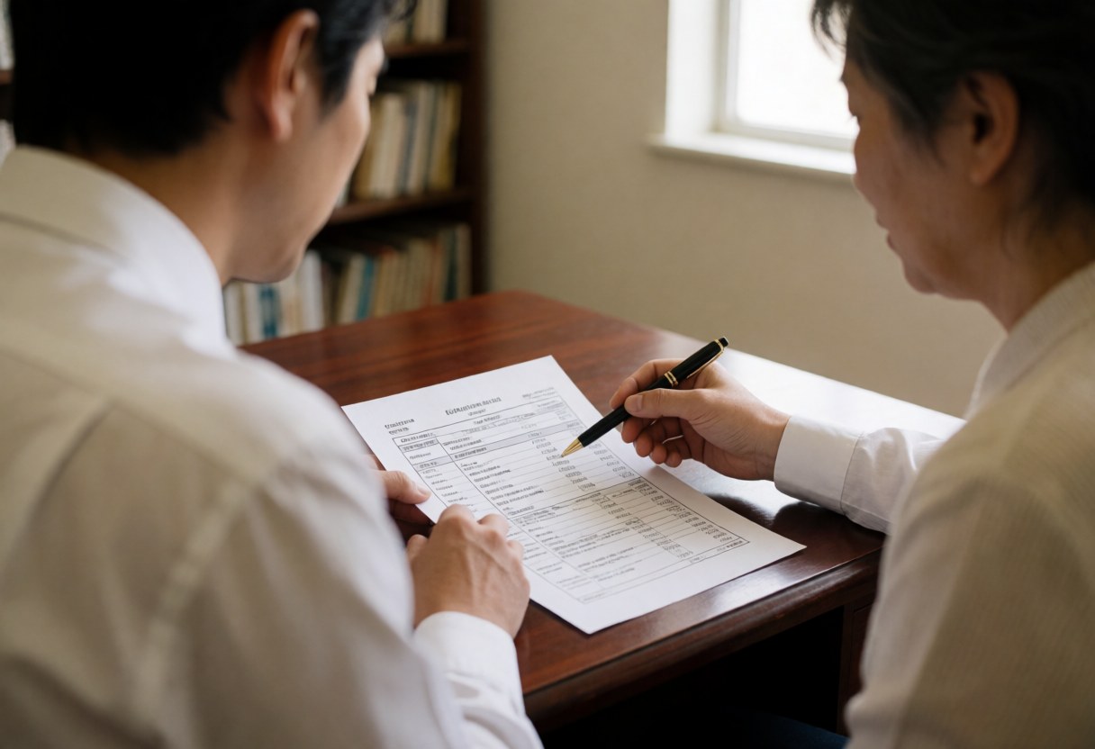 Advisor in white shirt explains tax details to a seated client at a polished wooden table in a professional office setting