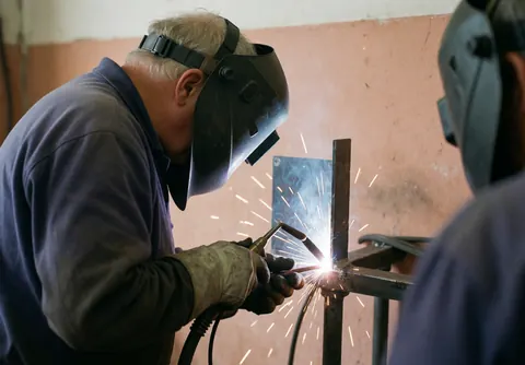 A welder wearing protective gear joins metal pieces while sparks fly near a terracotta drywall in an industrial setting.