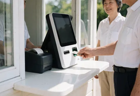 Customer making a payment at a water park ticket booth with visible cash register and receipt.