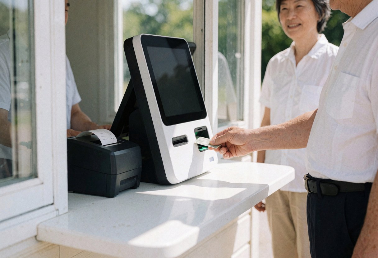 Customer making a payment at a water park ticket booth with visible cash register and receipt.