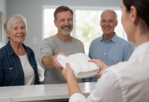 Employee delivering a white towel to a client at a reception desk with natural light and grey walls