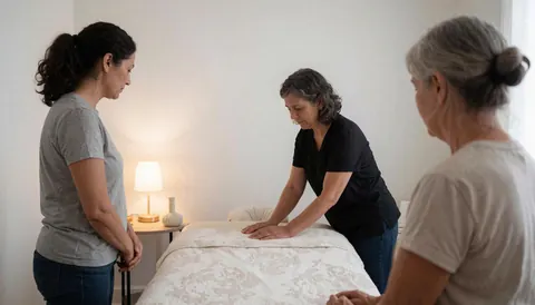 A masseuse performs a massage on a bed covered with sheets while two clients watch from the sides in a room with white walls and a table lamp.