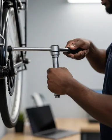 Close-up view of a technician using a torque wrench to adjust a bicycle component in a workshop setting.