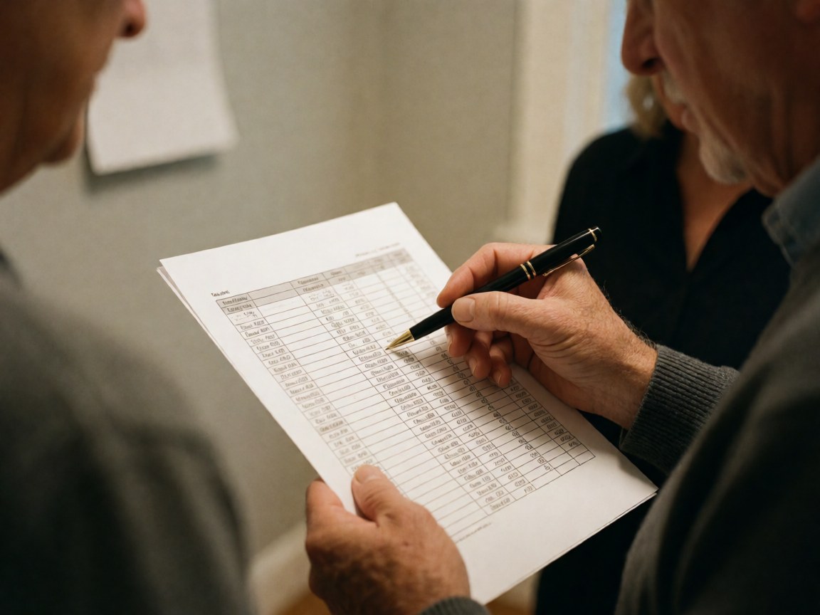 Close-up of an adult hand using a pen to indicate a specific row on a financial spreadsheet document against a neutral gray background.
