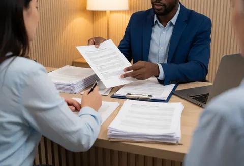 A financial consultant explains a document to a seated client in an office with a slat wall and laptop.