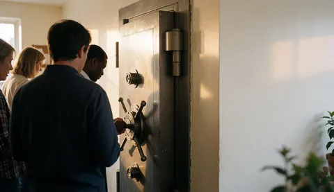 People observing a combination security door with painted walls and natural light in a finance setting.