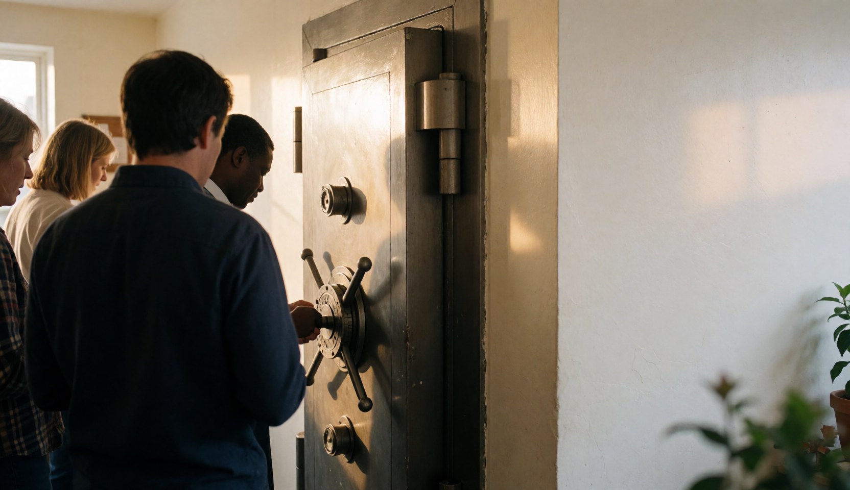People observing a combination security door with painted walls and natural light in a finance setting.