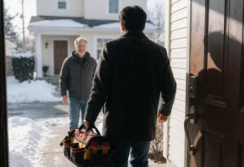 A heating repair professional exits a residential house in winter carrying a tool backpack after completing service.