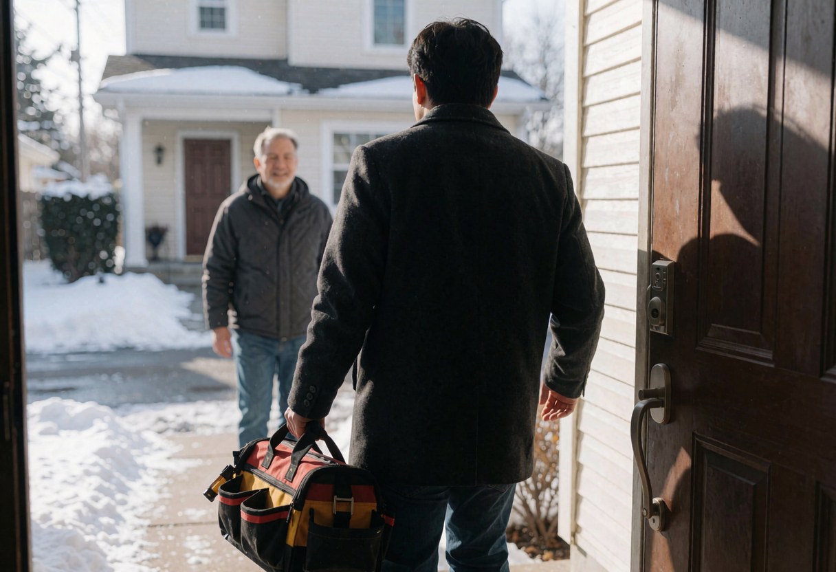 A heating repair professional exits a residential house in winter carrying a tool backpack after completing service.