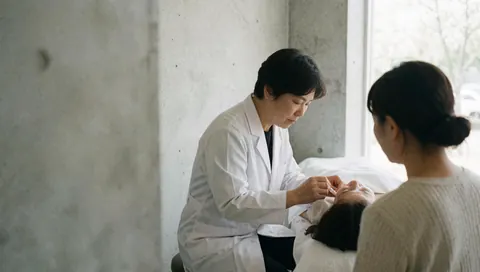 A dermatologist applies a facial treatment product to a client lying on a clinical bed in a bright room with concrete walls and natural light.