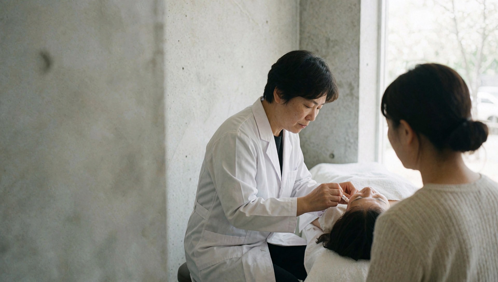 A dermatologist applies a facial treatment product to a client lying on a clinical bed in a bright room with concrete walls and natural light.