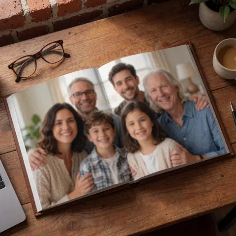 An open family photo album rests on a wooden surface against a brick wall, showcasing final portrait photography products.