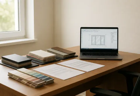 Office with window frame samples, contracts, and laptop design illuminated by natural light.