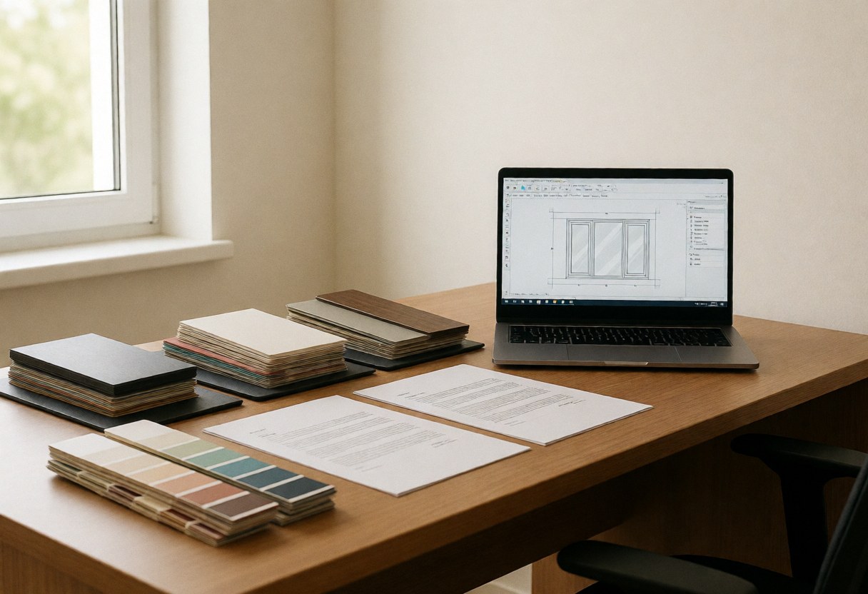 Office with window frame samples, contracts, and laptop design illuminated by natural light.