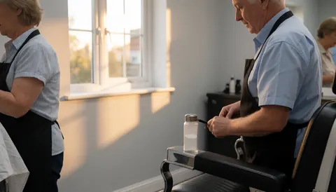 A barber wearing a cap applies hair product to a client seated in a barber chair against gray walls with window light.